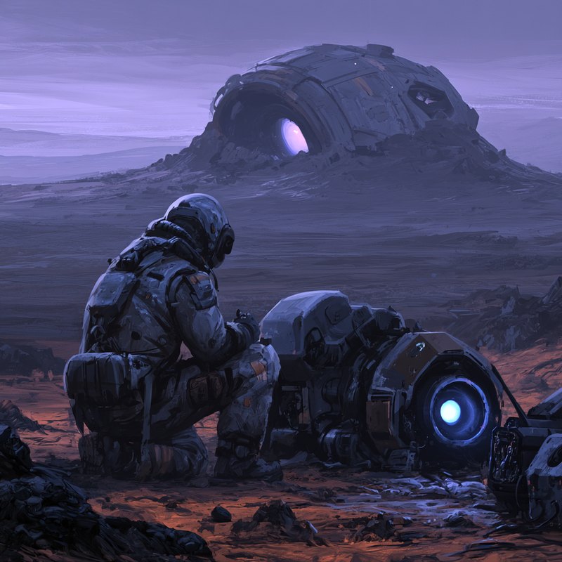 AI-generated placeholder image: stand-in art of Elias in a worn suit, kneeling over salvaged machinery with the crashed module behind him